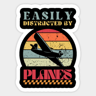 Easily Distracted by Planes - Retro Airplane Design Sticker